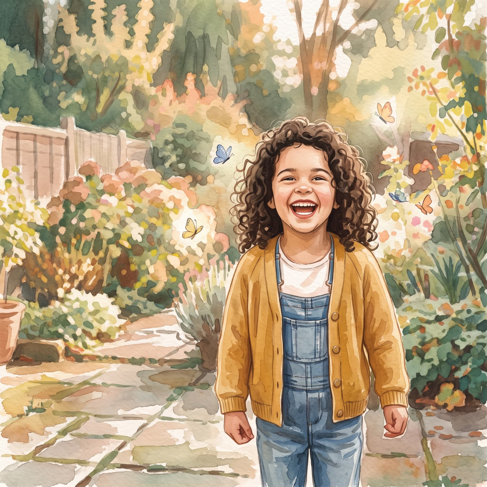 The same girl painted as a watercolour storybook illustration, clearly recognisable